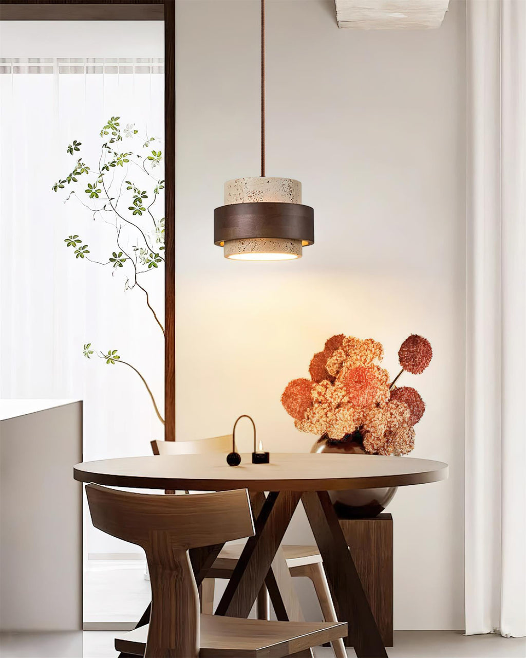 Layered pendant ceiling light with textured travertine-effect cylindrical shades