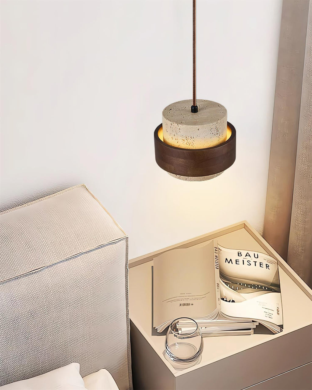 Layered pendant ceiling light with textured travertine-effect cylindrical shades