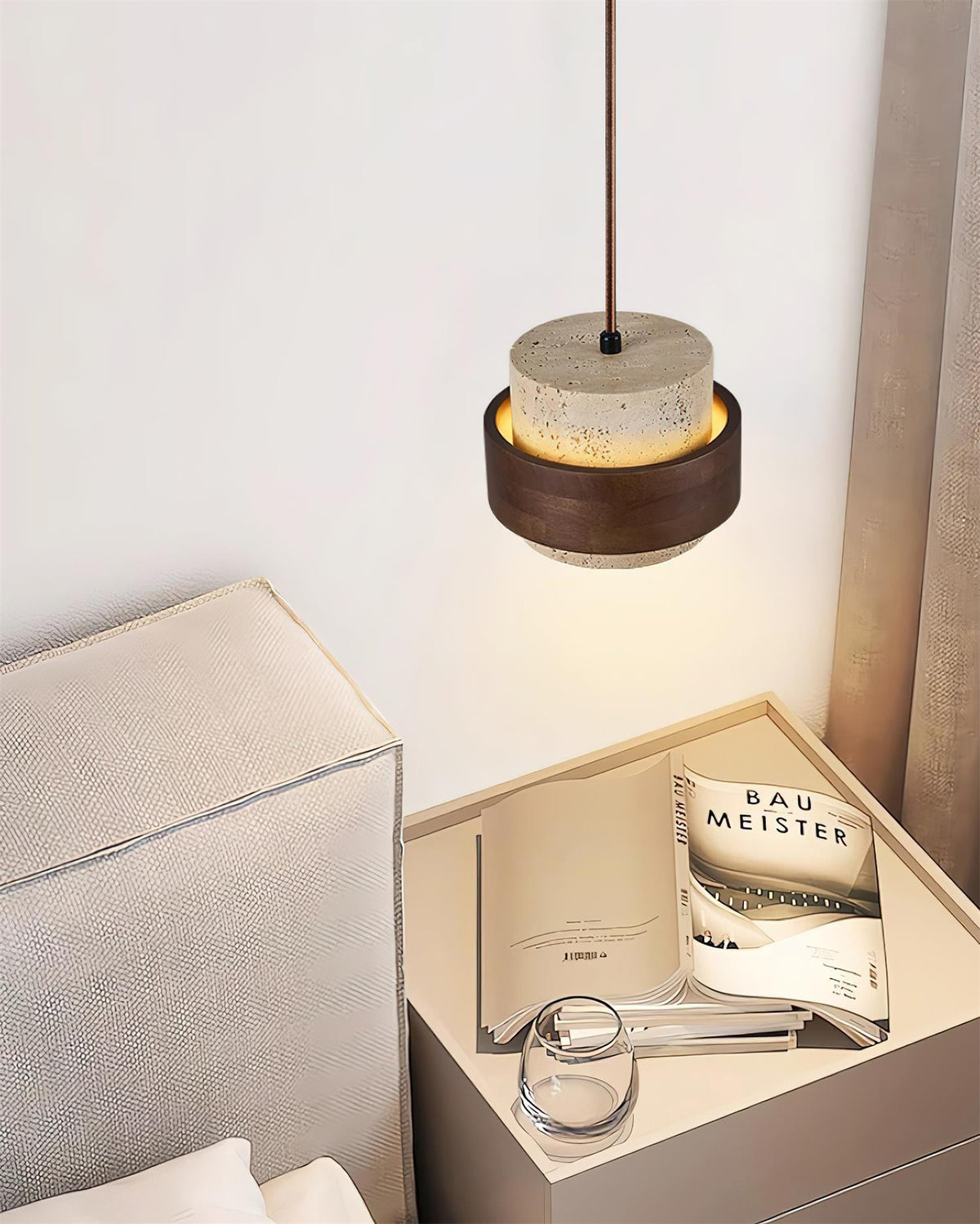 Layered pendant ceiling light with textured travertine-effect cylindrical shades