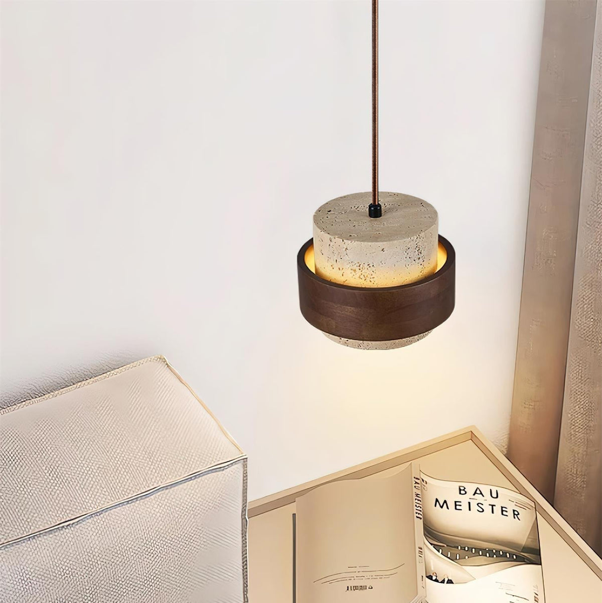 Pendant light with cream textured cylindrical shade and dark brown band