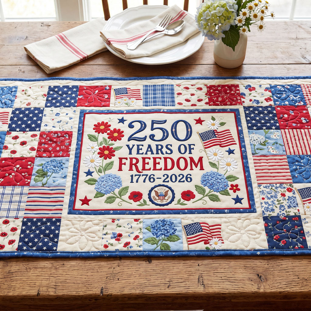 Quilted patriotic patchwork table runner with floral and star panels