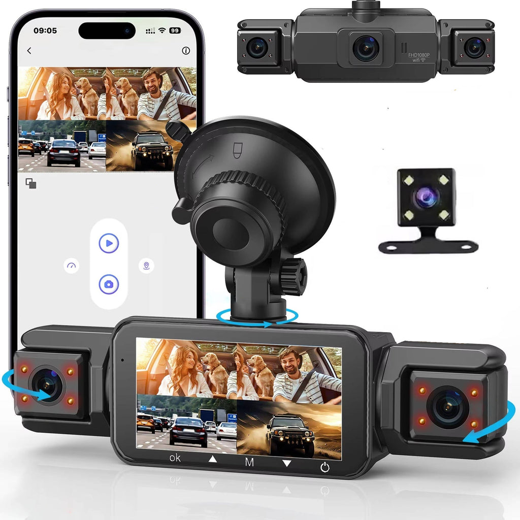 Black four-camera dash cam system with 1080P screen and suction mount