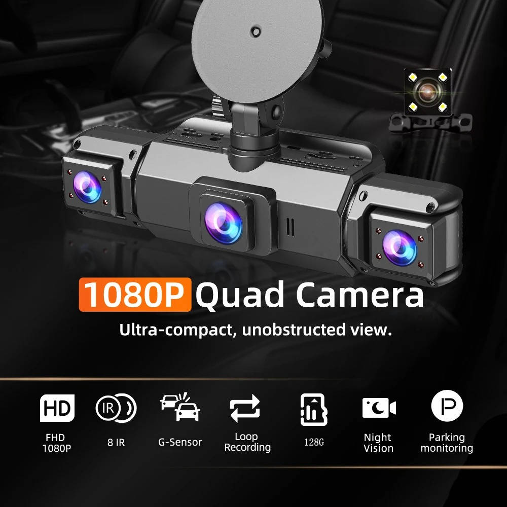 Black four-camera dash cam system with 1080P screen and suction mount
