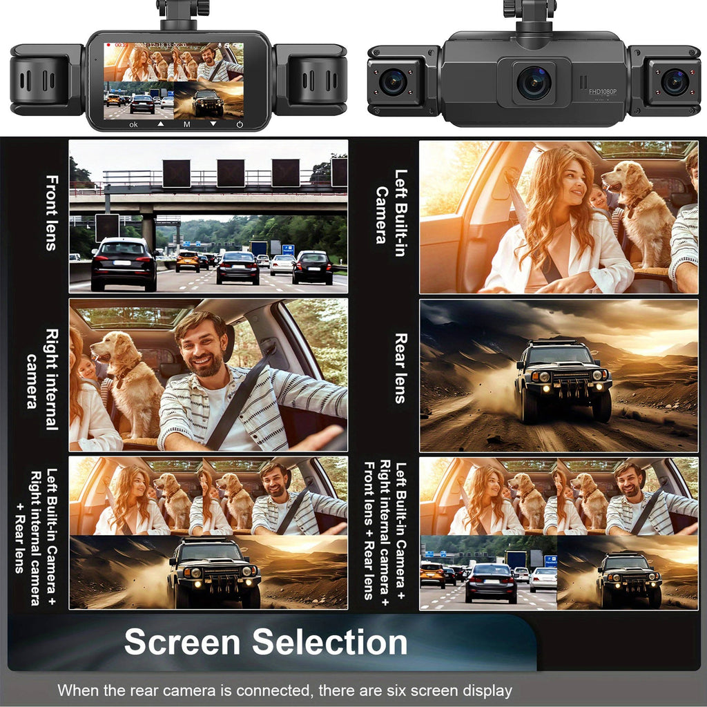 Black four-camera dash cam system with 1080P screen and suction mount
