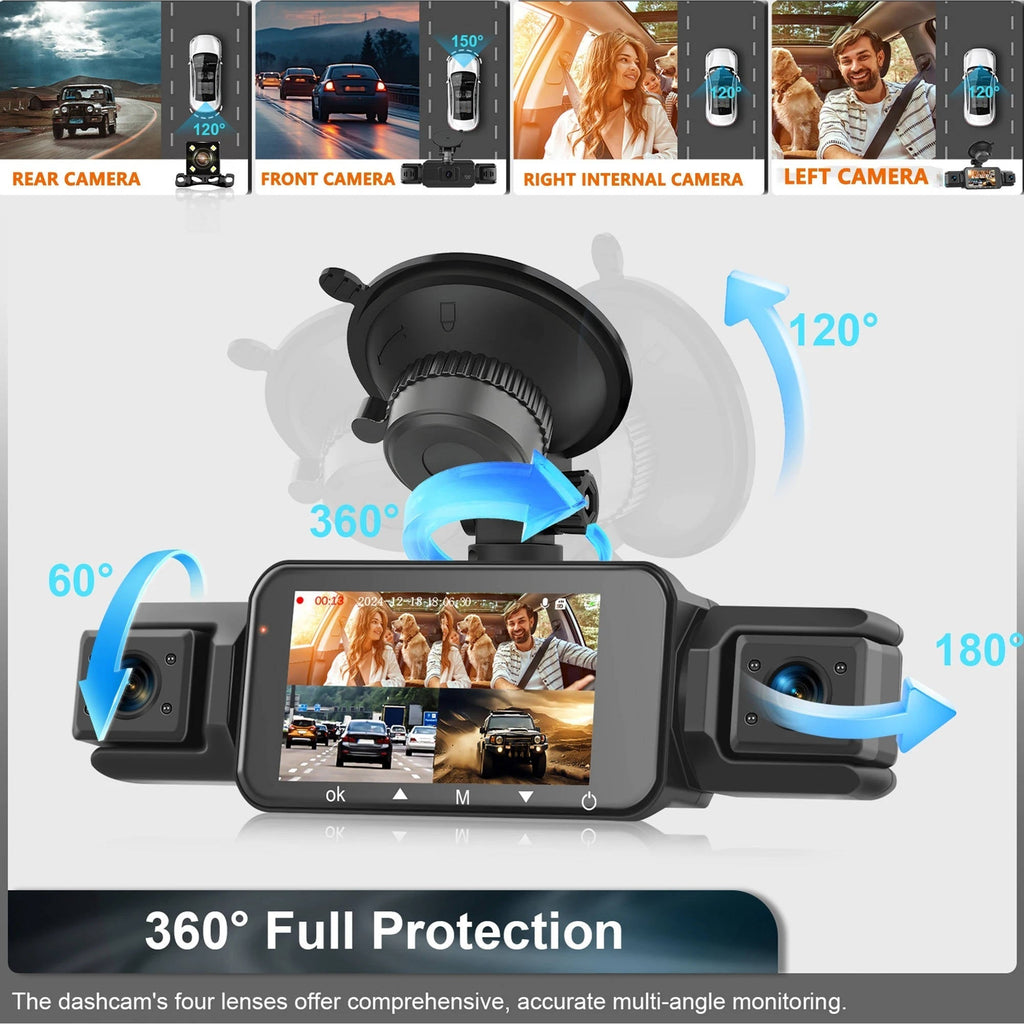 Black four-camera dash cam system with 1080P screen and suction mount