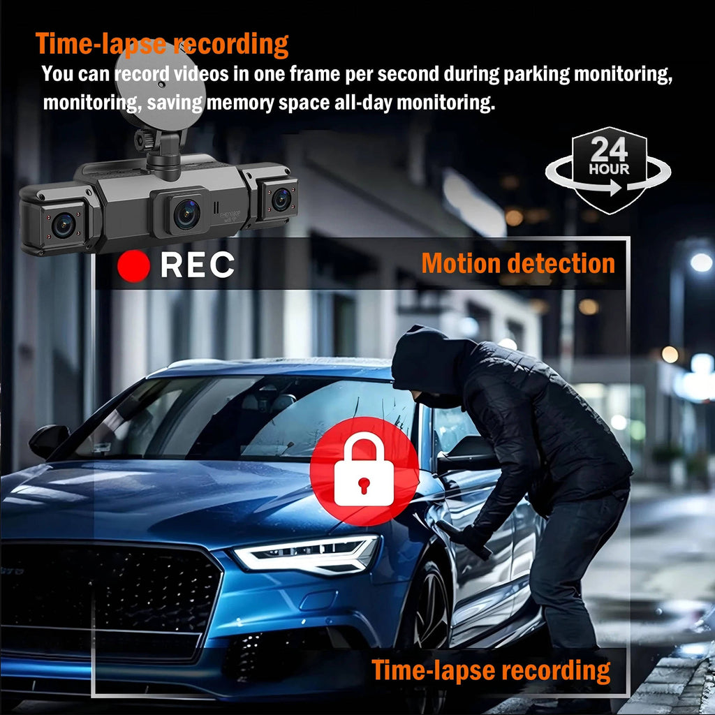 Black four-camera dash cam system with 1080P screen and suction mount