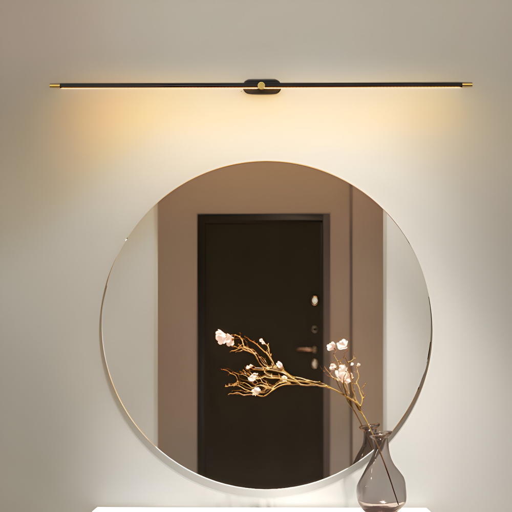 Slim linear LED wall light with central mount and downward illumination