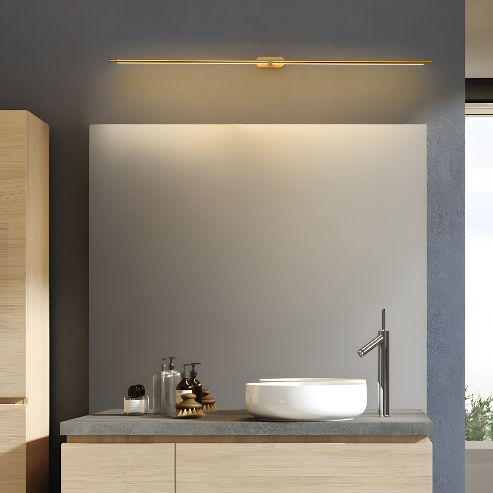 Slim linear LED wall light with central mount and downward illumination