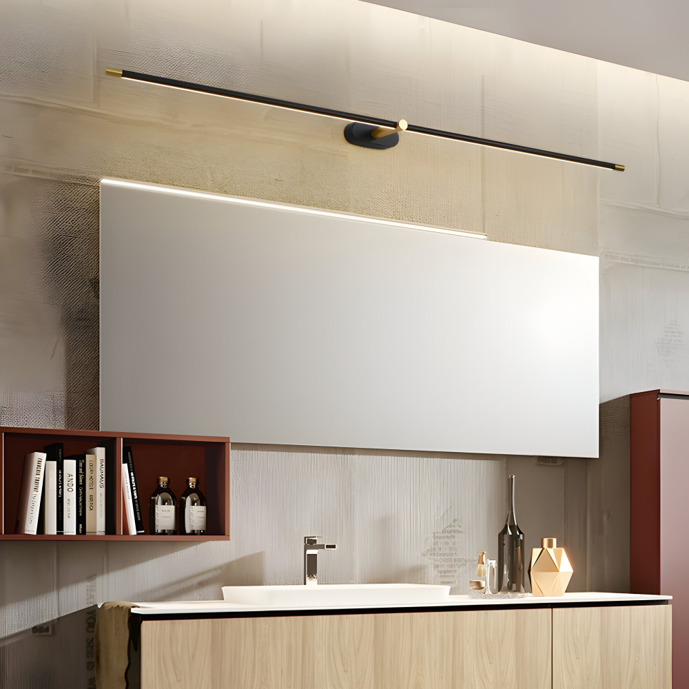 Slim linear LED wall light with central mount and downward illumination
