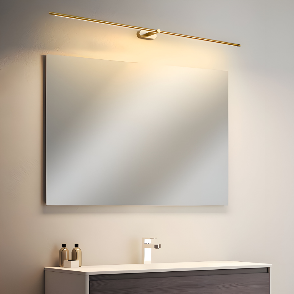 Slim linear LED wall light with central mount and downward illumination