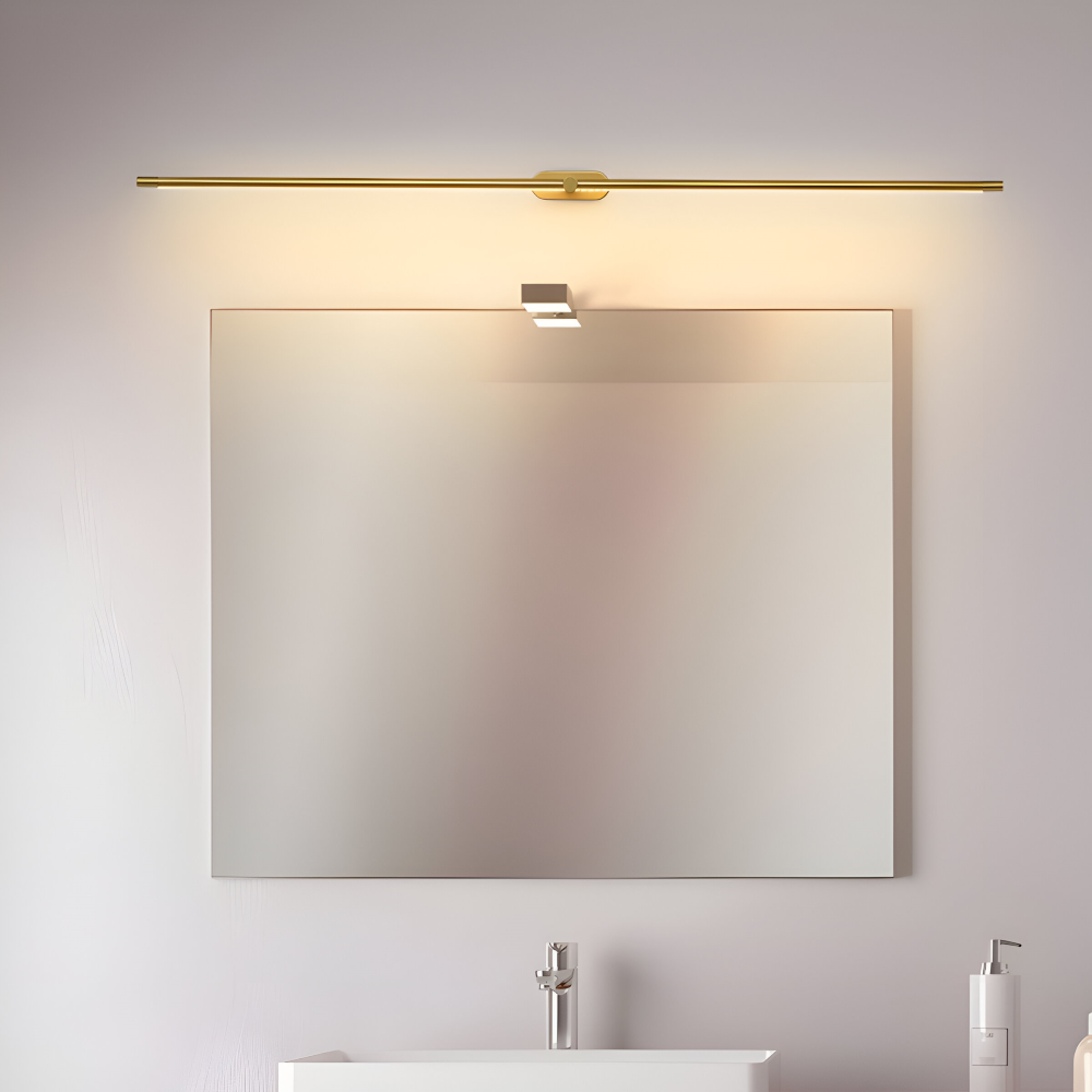 Slim linear LED wall light with central mount and downward illumination