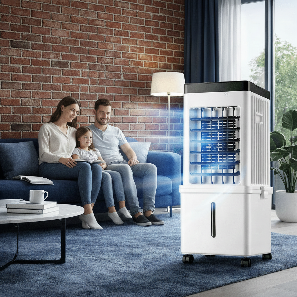 White portable 3-in-1 air cooler with fan and humidification functions on castor wheels