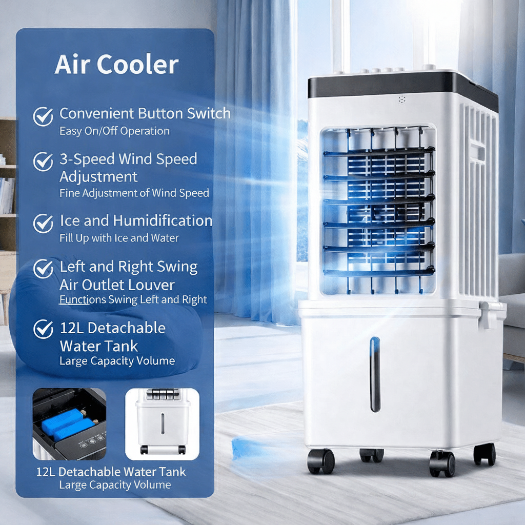 White portable air cooler with water tank, vents, control panel and wheels