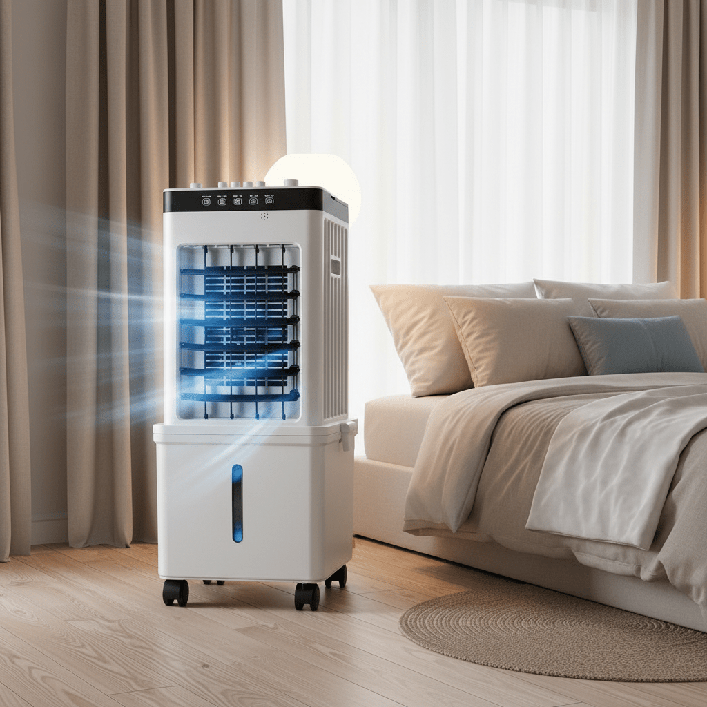 White portable air cooler with water tank, vents, control panel and wheels