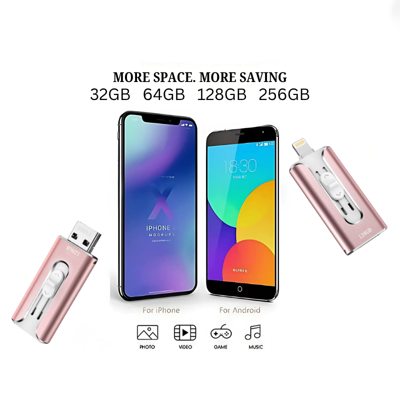 Compact 4-in-1 USB flash drive with sliding multi-connector design and separate adapter
