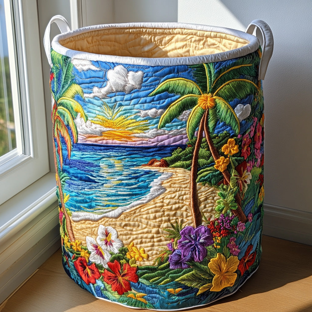 Cream quilted laundry basket with tropical palm, beach and floral design