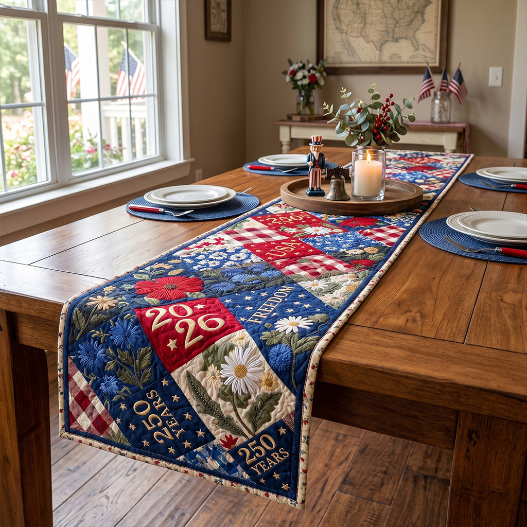 Quilted patriotic patchwork table runner with floral and star panels