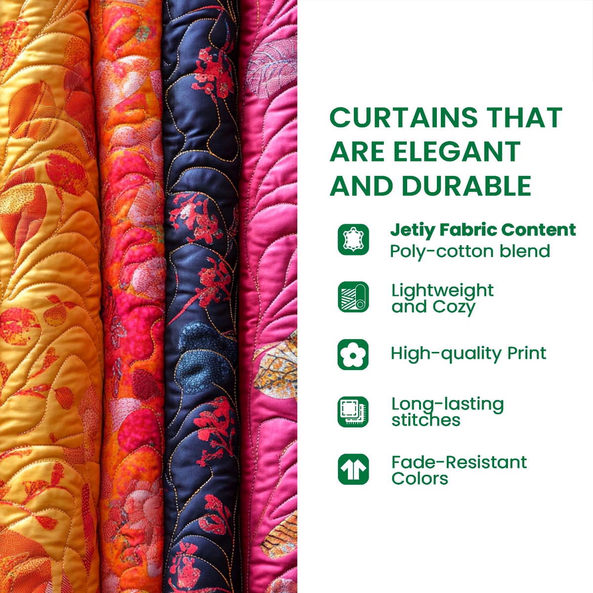 Quilted beige curtains with multicoloured geometric borders and dancing figure designs