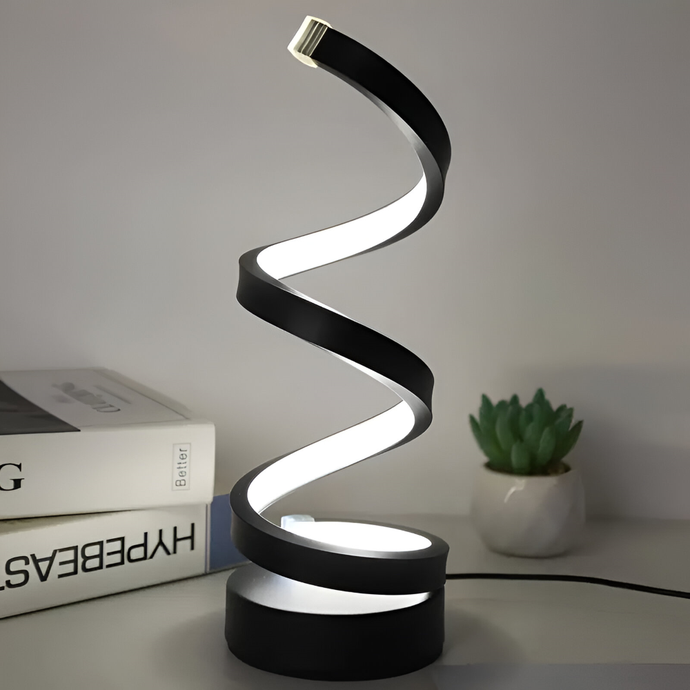 Spiral table lamp with illuminated light strip and round base