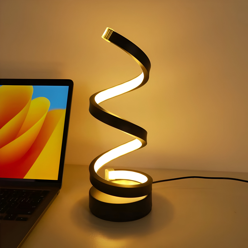 Spiral table lamp with illuminated light strip and round base