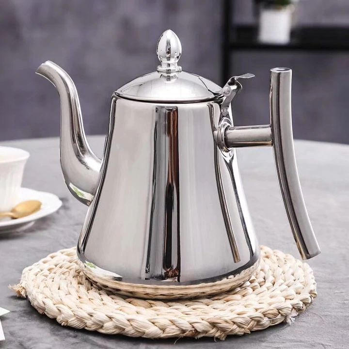 Lidded induction stovetop kettle with whistle and long pouring spout