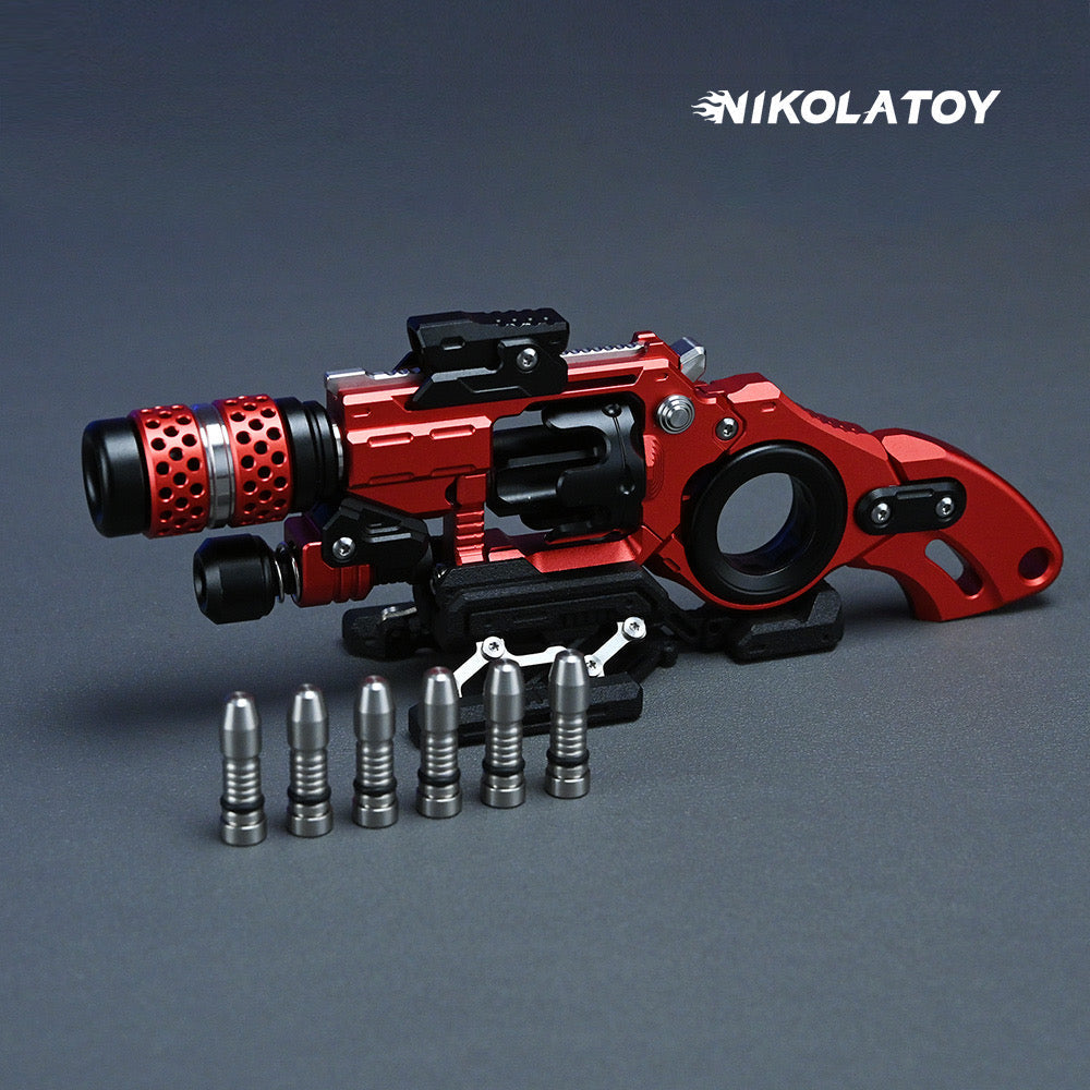 Red and black revolver-style fidget toy with silver pieces