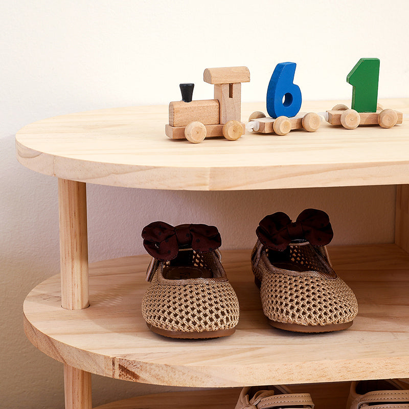 Natural pine wood two-tier kids shoe rack with curved shelves