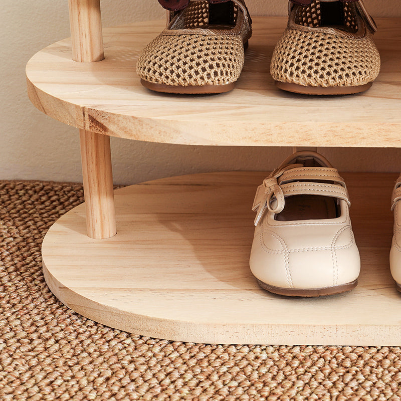 Natural pine wood two-tier kids shoe rack with curved shelves