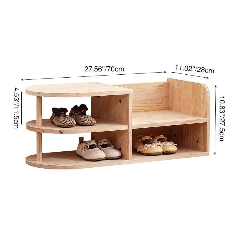 Natural pine wood two-tier kids shoe rack with curved shelves