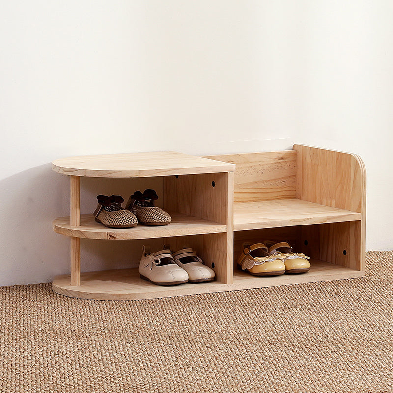 Natural pine wood two-tier kids shoe rack with curved shelves