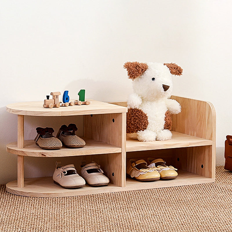 Natural pine wood two-tier kids shoe rack with curved shelves