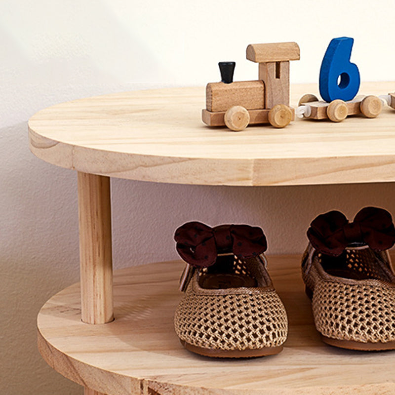 Natural pine wood two-tier kids shoe rack with curved shelves