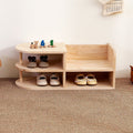 Natural pine wood two-tier kids shoe rack with curved shelves
