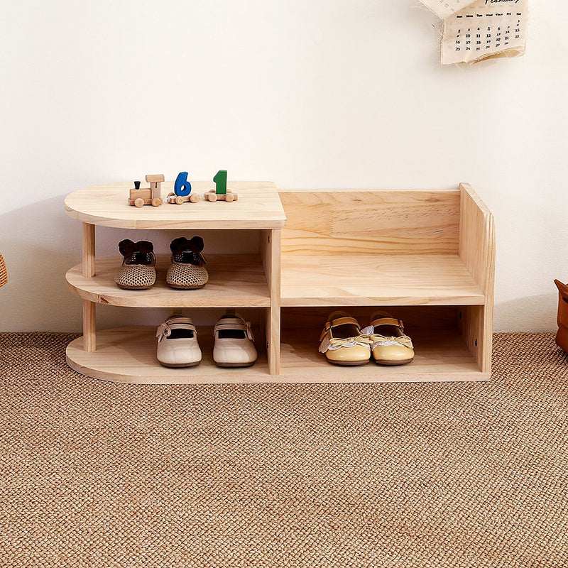 Natural pine wood two-tier kids shoe rack with curved shelves