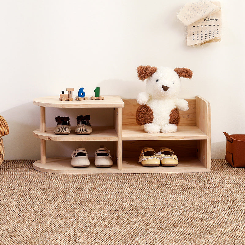 Natural pine wood two-tier kids shoe rack with curved shelves