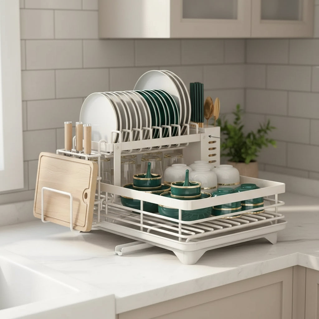 Double-layer foldable dish drying rack beside a kitchen sink