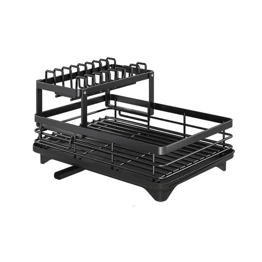 Double-layer foldable dish drying rack beside a kitchen sink