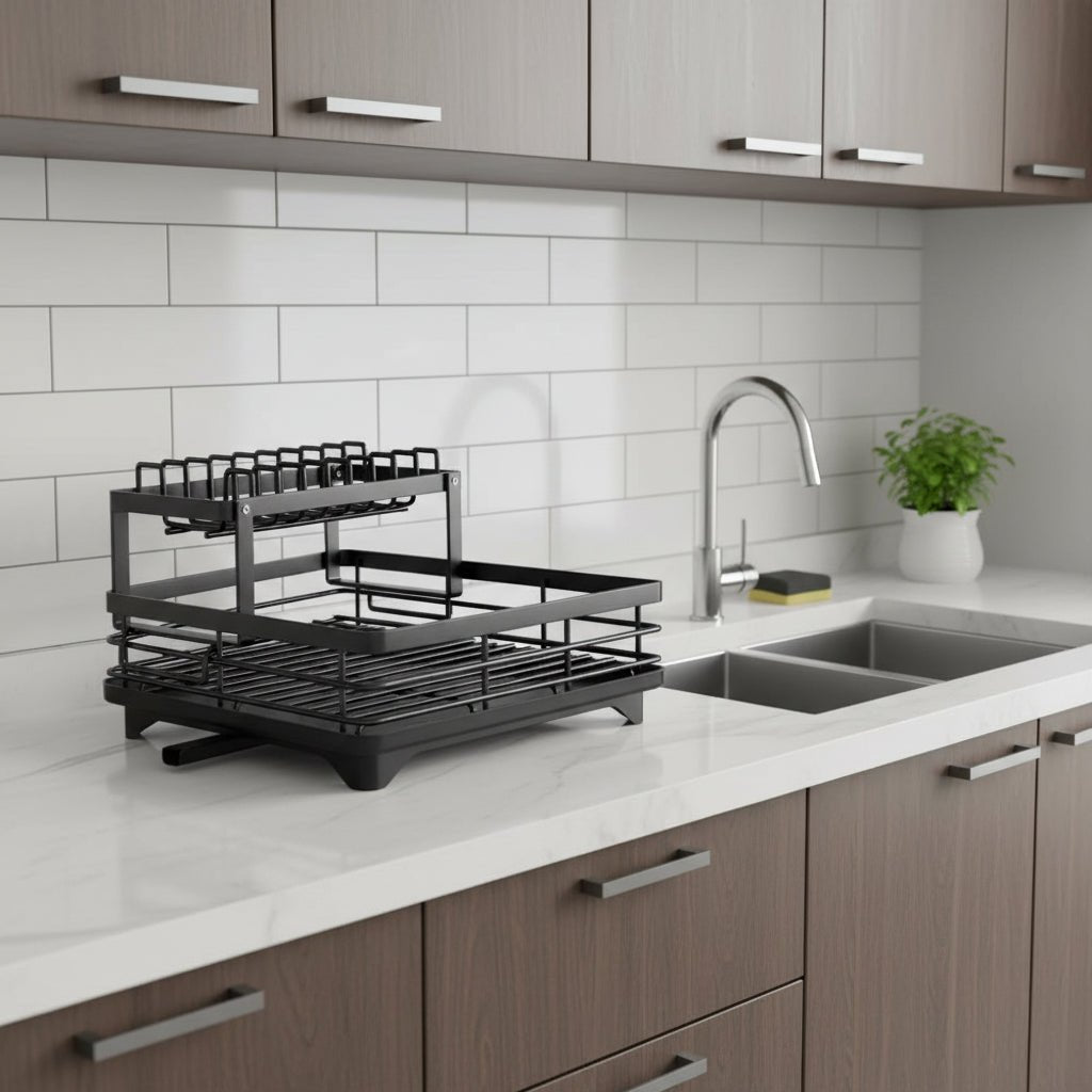 Double-layer foldable dish drying rack beside a kitchen sink