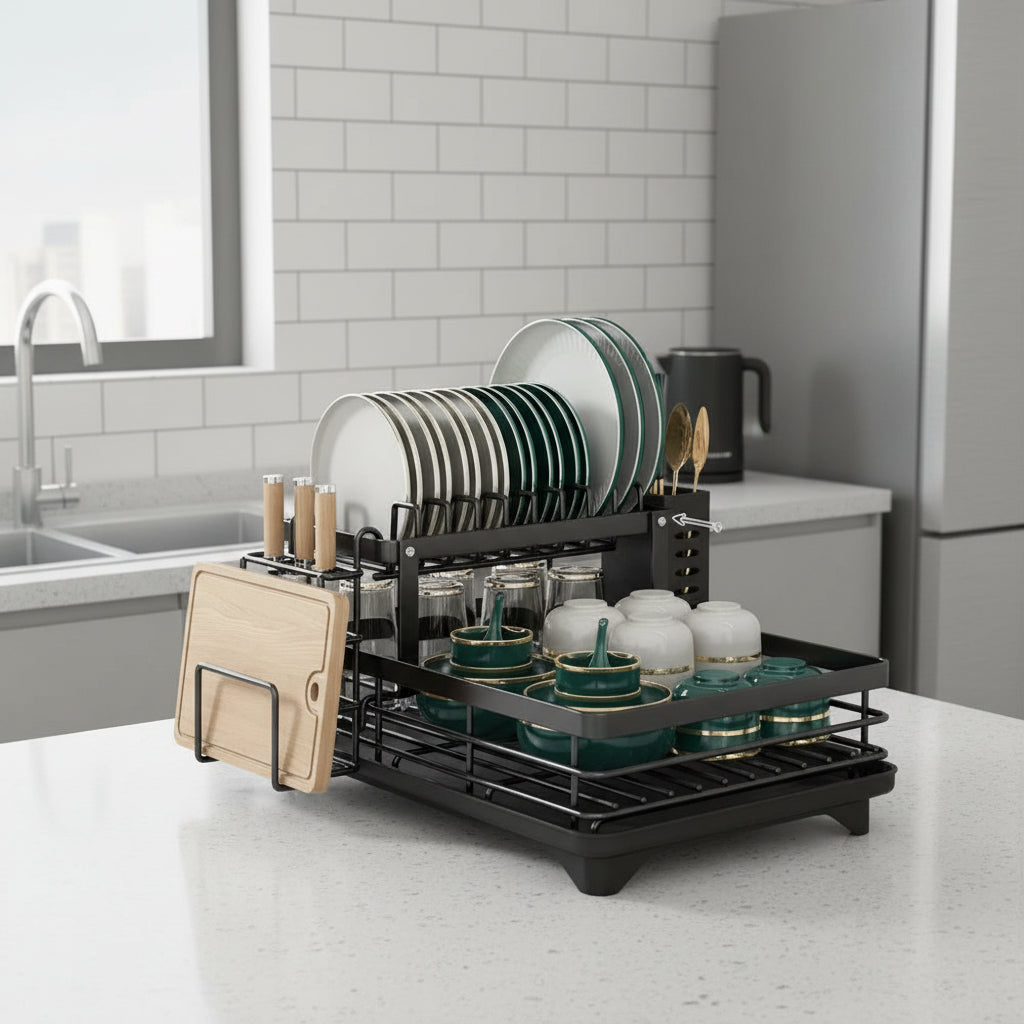 Double-layer foldable dish drying rack beside a kitchen sink