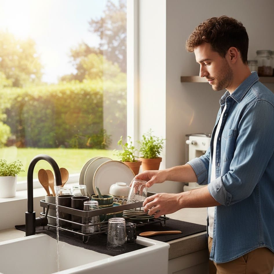 Double-layer foldable dish drying rack beside a kitchen sink