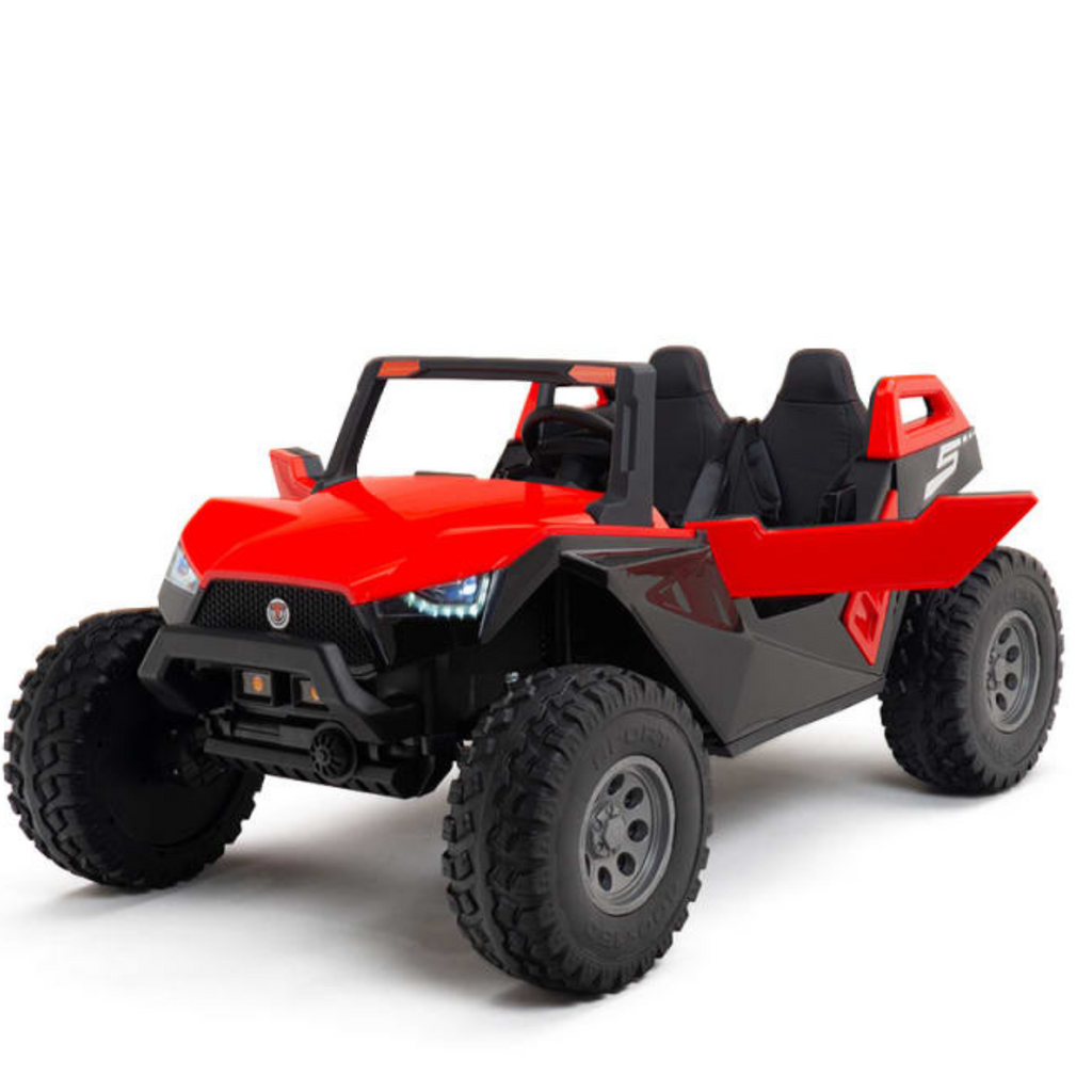 Red 24V 4x4 children's ride-on UTV with two seats and rubber wheels