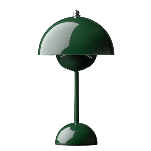 Wireless table lamp with a rounded dome shade and glossy finish