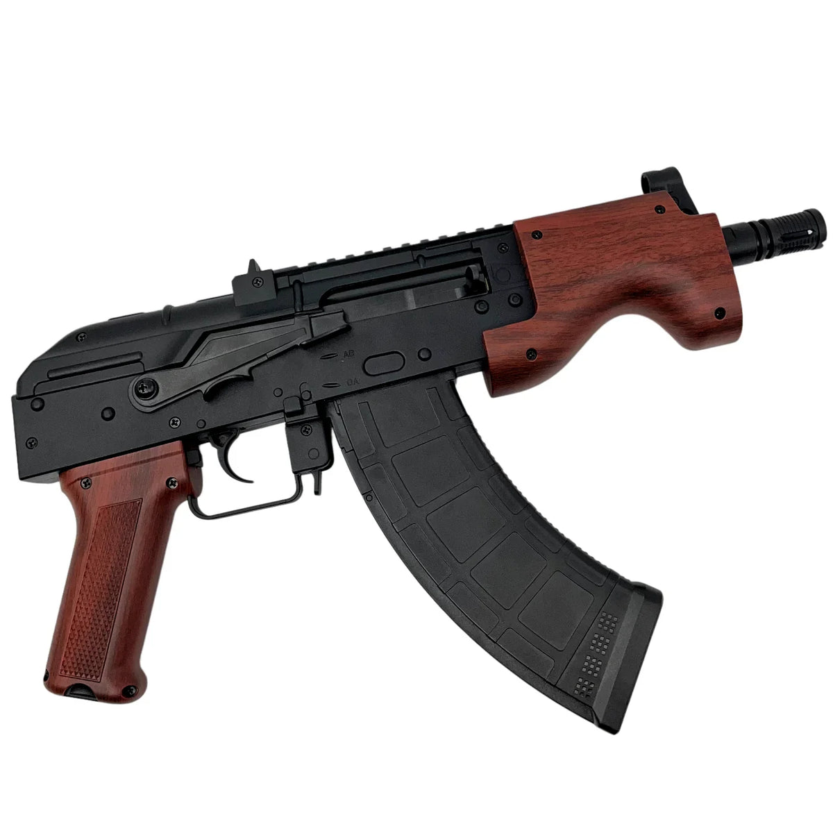 Gold AK47-style gel blaster with goggles and white gel beads