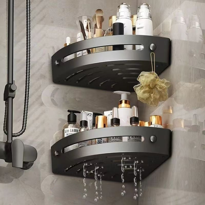 Two-tier corner shower shelf with wall-mounted bathroom storage and hooks