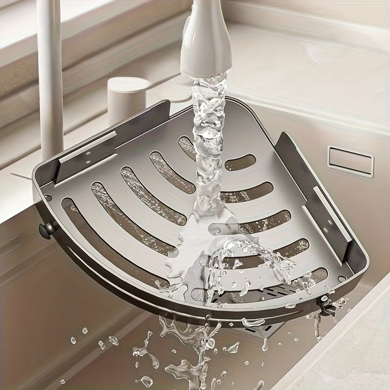 Two-tier corner shower shelf with wall-mounted bathroom storage and hooks
