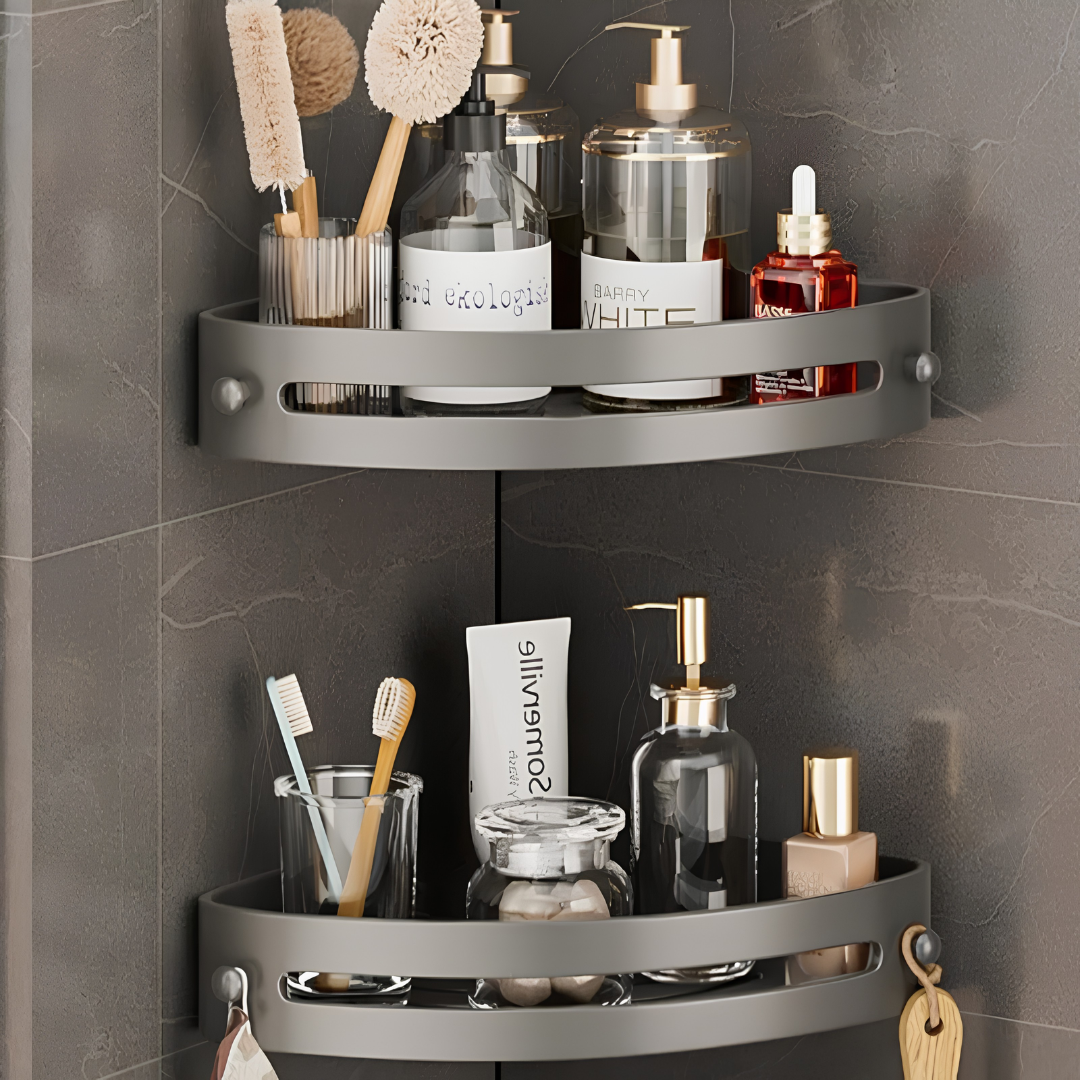 Two-tier corner shower shelf with wall-mounted bathroom storage and hooks