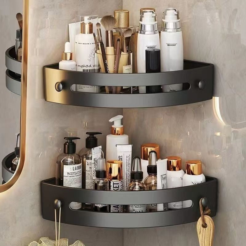 Two-tier corner shower shelf with wall-mounted bathroom storage and hooks