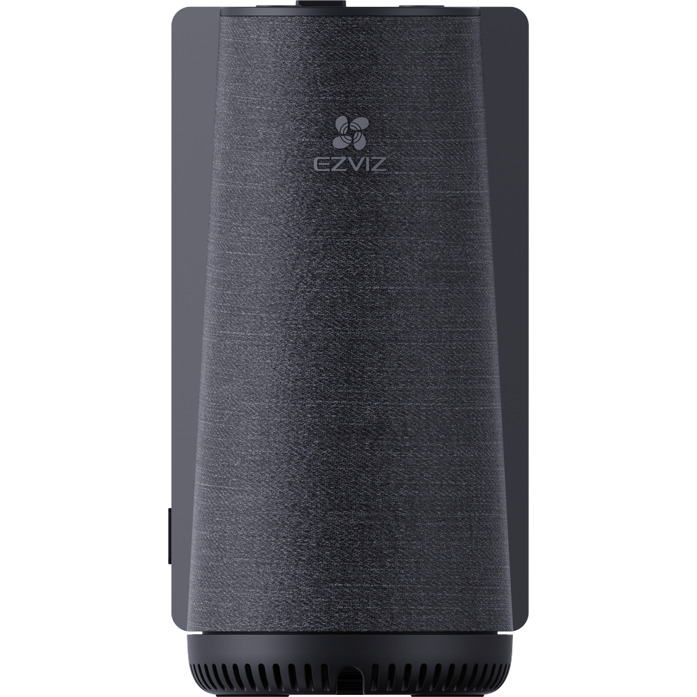 Black indoor security camera with integrated display and front camera lens