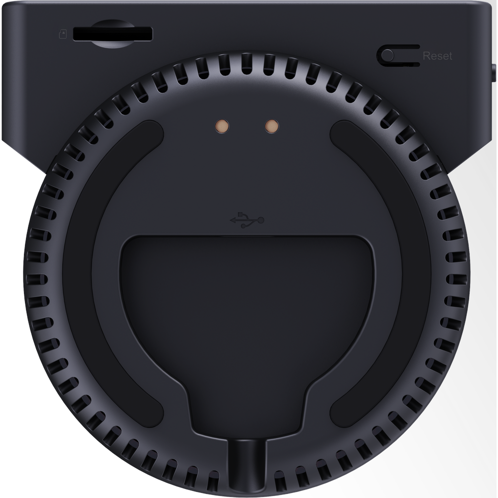 Black indoor security camera with integrated display and front camera lens
