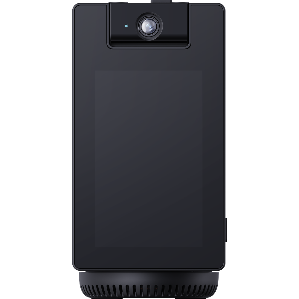 Black indoor security camera with integrated display and front camera lens